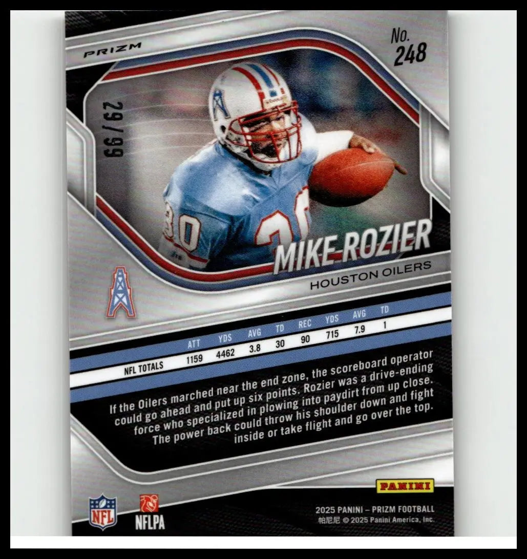 Silver and blue 2025 panini prizm football card of mike rozier in houston oilers uniform numbered 29 of 99 huddle red