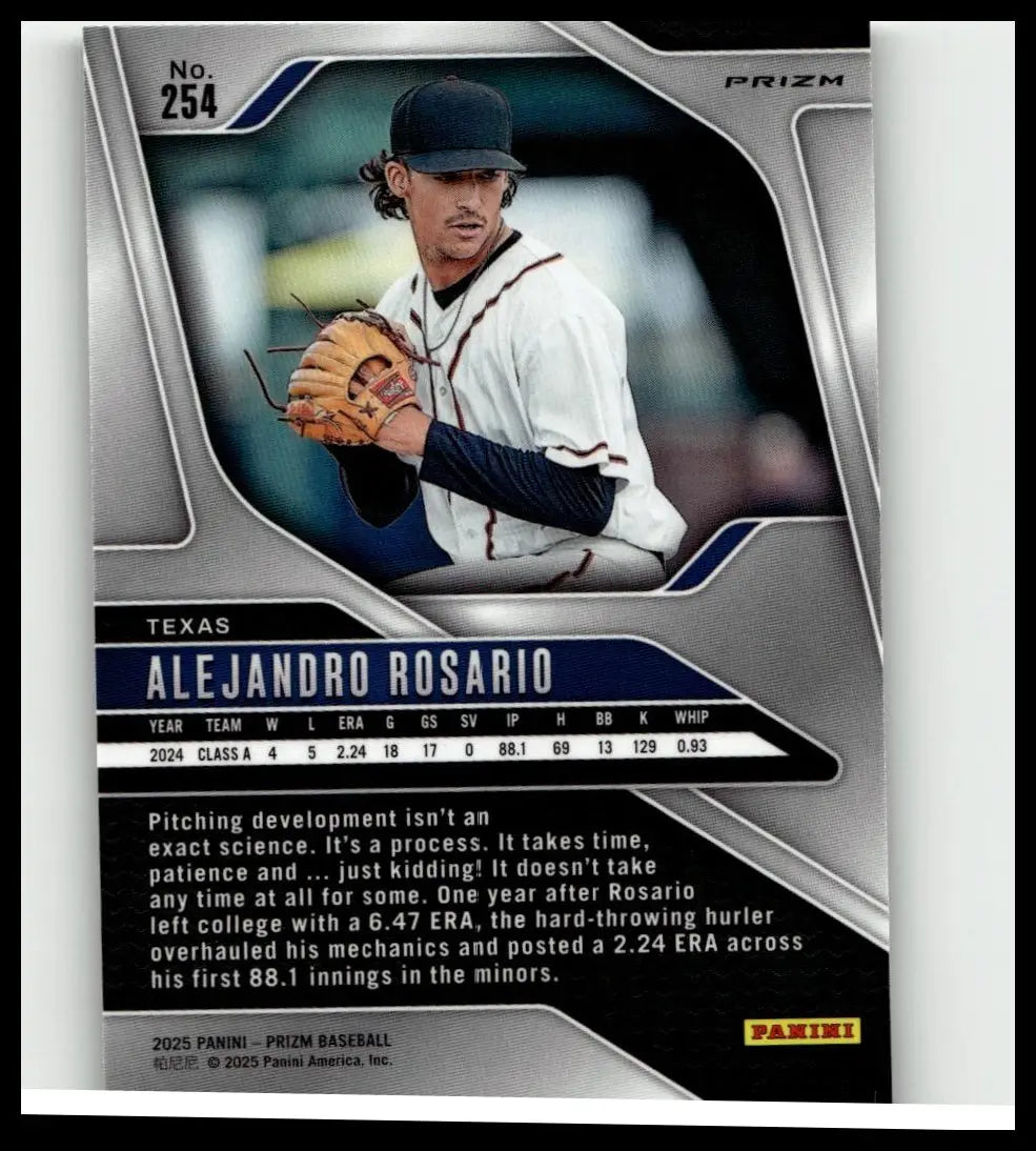 Silver and blue prizm baseball trading card featuring alejandro rosario in white uniform holding tan leather glove from 2025 panini prizms