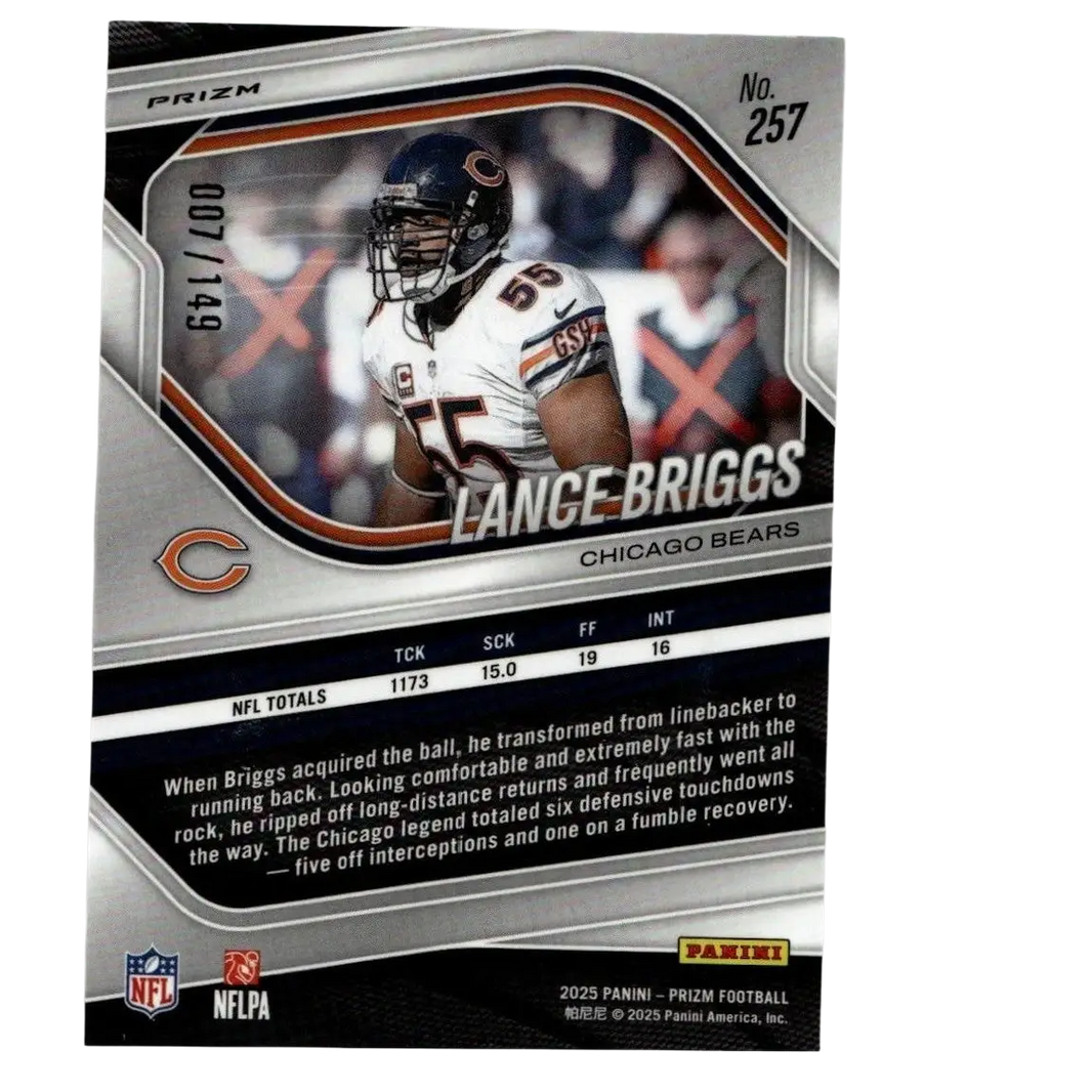 Silver and black Panini Prizm football trading card featuring Lance Briggs red wave in Chicago Bears white jersey