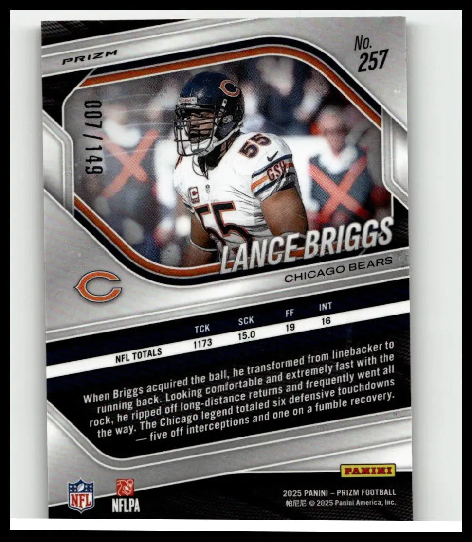 Silver and black prizm football trading card of lance briggs in white jersey from 2025 panini prizm lance briggs red wave