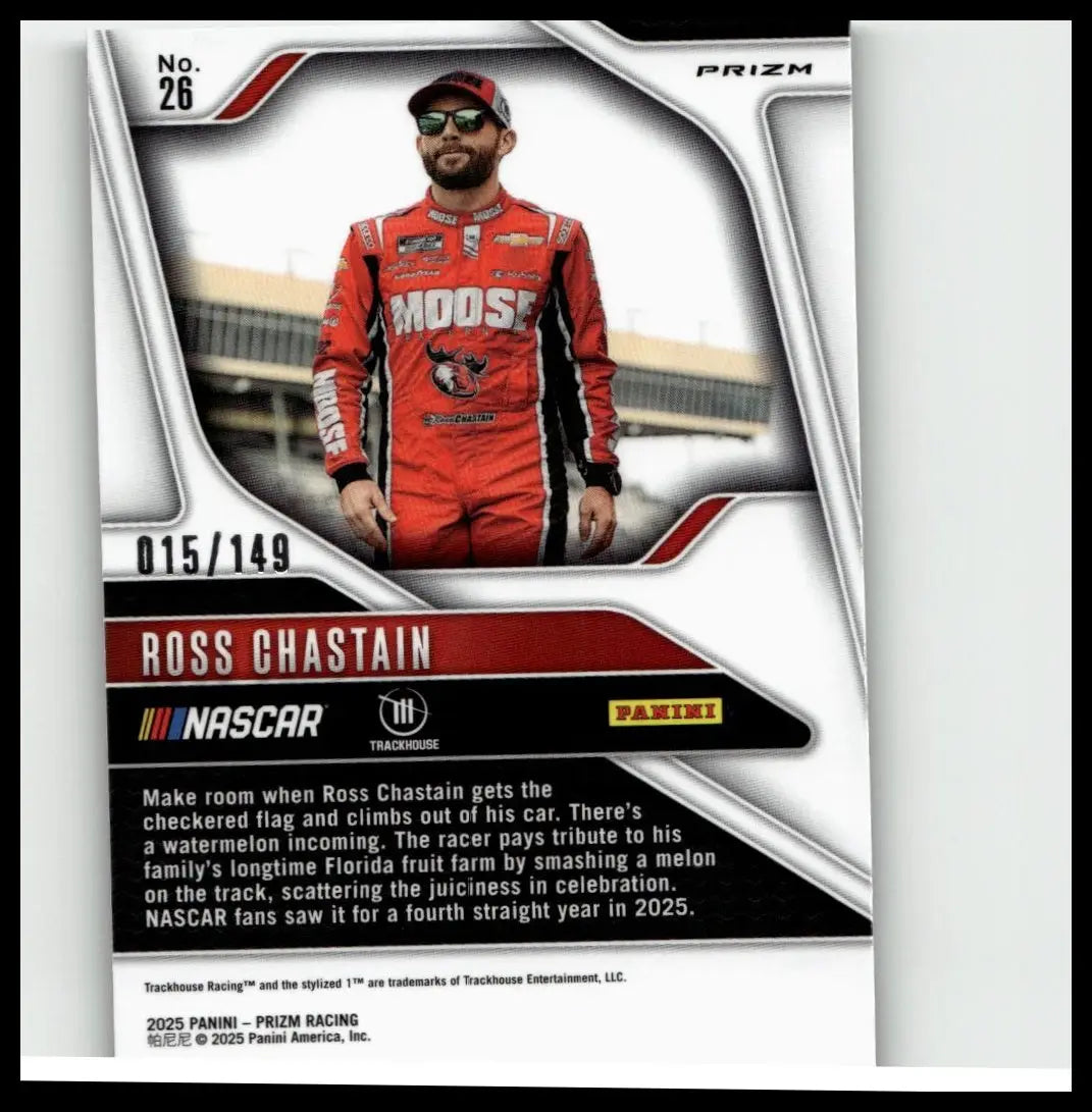 Red and black nascar racing suit with moose branding worn by ross chastain in 2025 panini prizm ross chastain green scope