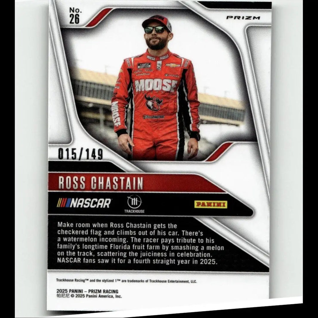 Red and black nascar racing suit with moose branding worn by ross chastain featured in 2025 panini prizm ross chastain green scope card