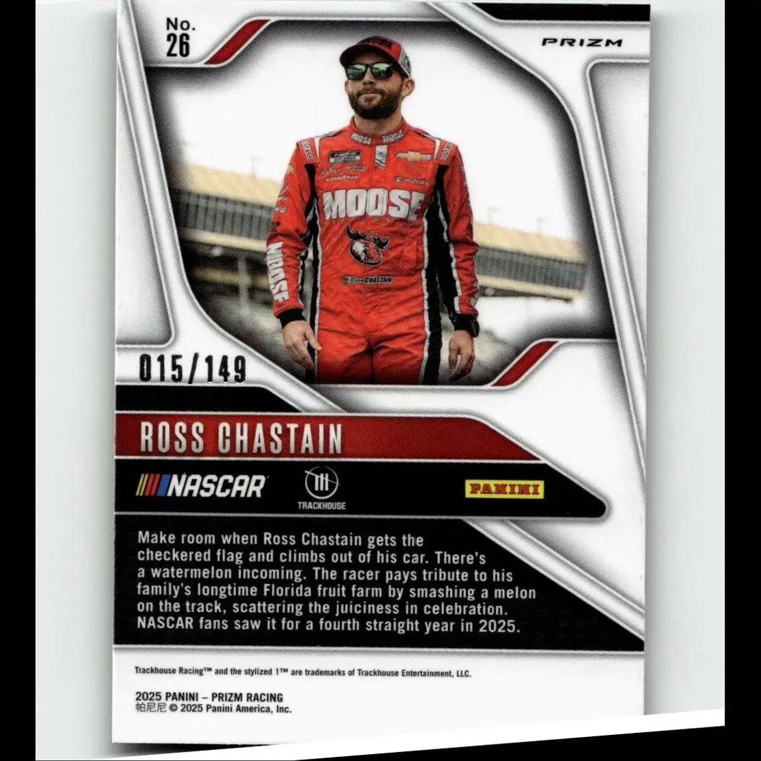 Red and black nascar racing suit with moose branding worn by ross chastain featured in 2025 panini prizm ross chastain green scope card