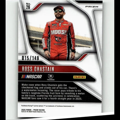 Red and black nascar racing suit with moose branding worn by ross chastain featured in 2025 panini prizm ross chastain green scope card