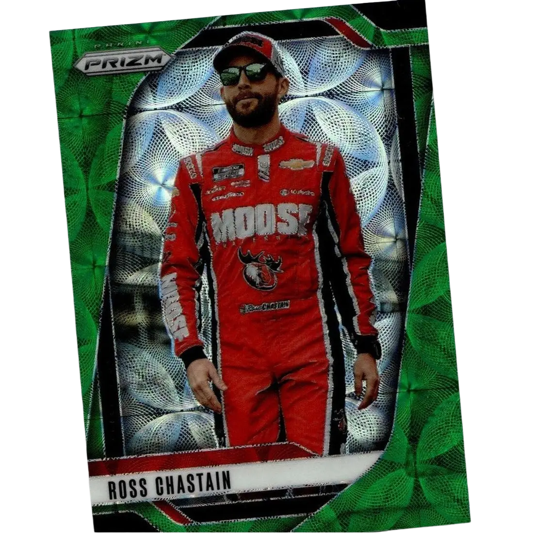 Green and silver 2025 panini prizm #26 ross chastain green scope trading card in red racing suit #/149