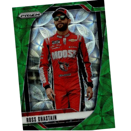 Green and silver 2025 panini prizm #26 ross chastain green scope trading card in red racing suit #/149