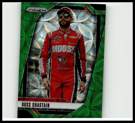Red racing suit with black and white accents featuring moose branding and logo for ross chastain green scope collectible
