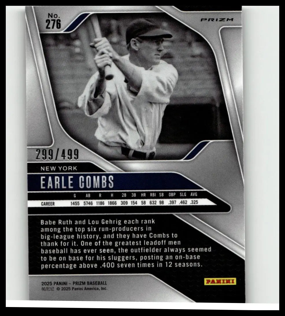 Silver and black prizm baseball trading card featuring earle combs in vintage new york uniform from 2025 panini pulsar prizms