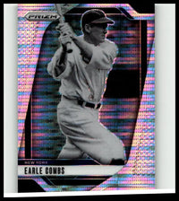 A shimmering holographic 2025 panini prizm earle combs pulsar baseball trading card with pink and purple prismatic borders