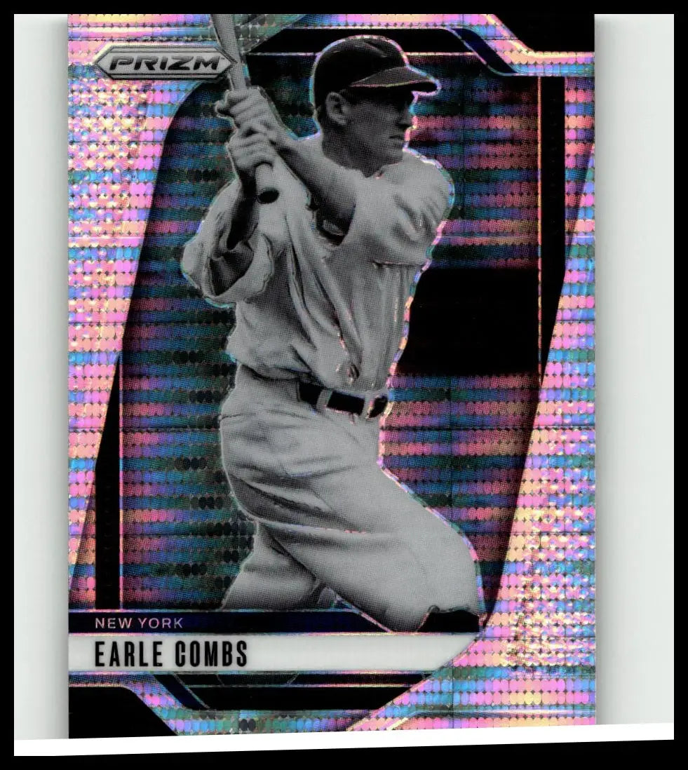 A shimmering holographic 2025 panini prizm earle combs pulsar baseball trading card with pink and purple prismatic borders