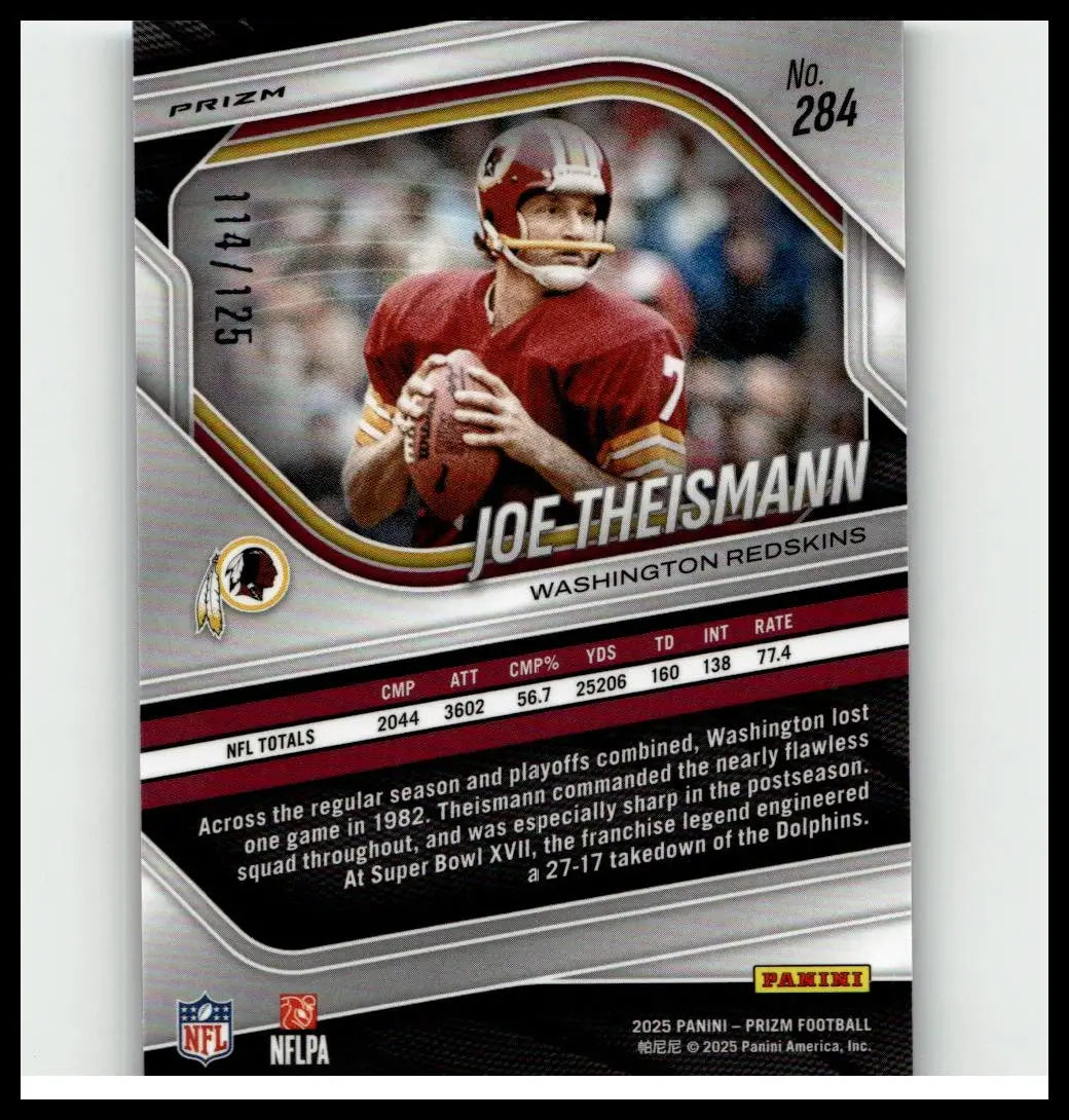 Silver and maroon 2025 panini prizm football card featuring joe theismann no huddle blue serial numbered to 125