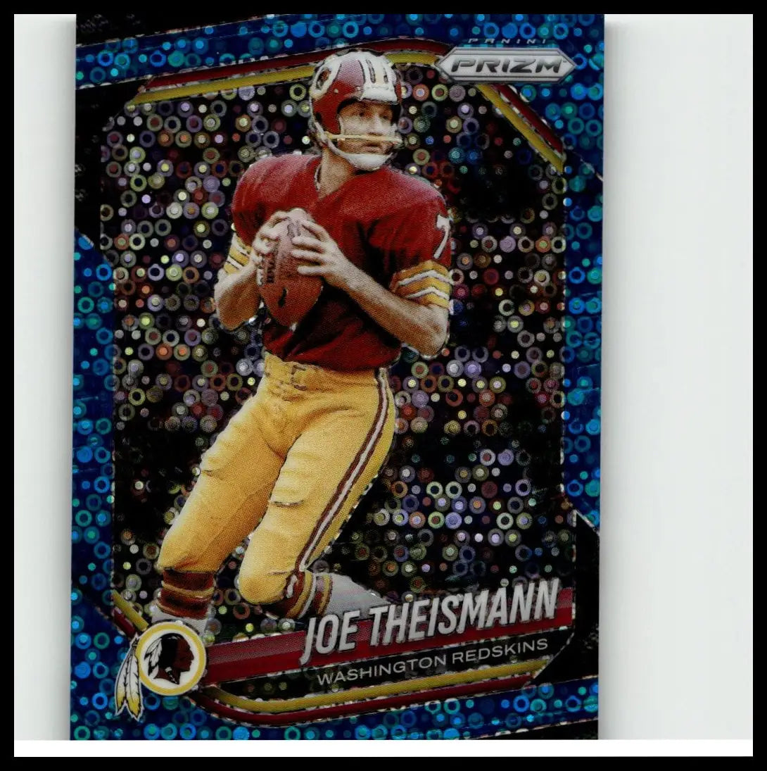 A vibrant blue and silver panini prizm football trading card of joe theismann in red jersey holding football from huddle blue series