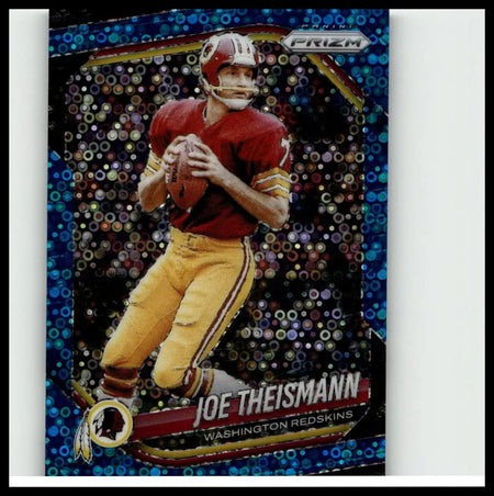 A vibrant blue and silver panini prizm football trading card of joe theismann in red jersey holding football from huddle blue series
