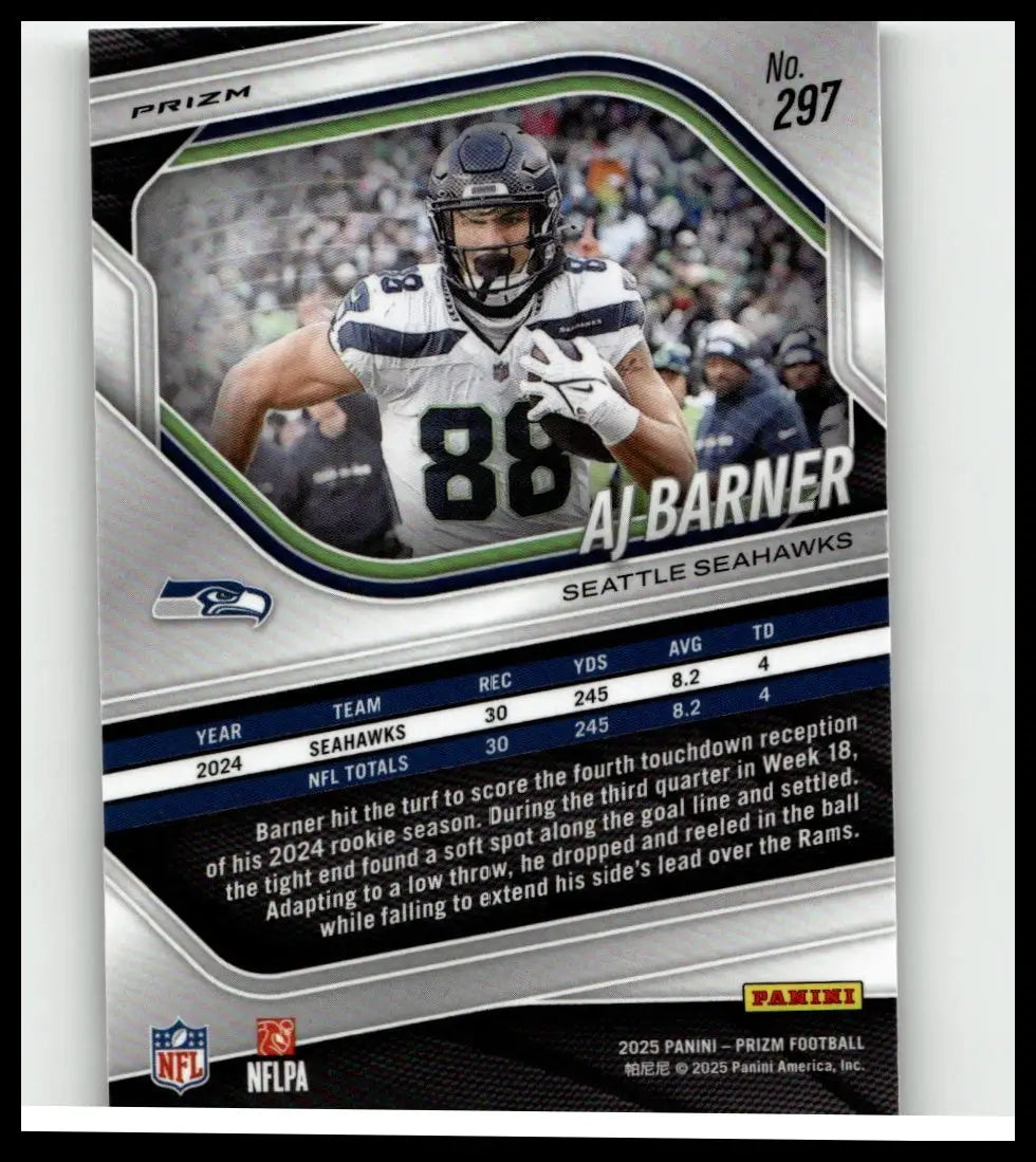 Silver and green panini prizm football trading card featuring aj barner in seahawks white jersey barner silver collectible