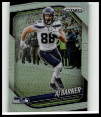 A seattle seahawks panini prizm barner silver football card featuring aj barner in white jersey number 88