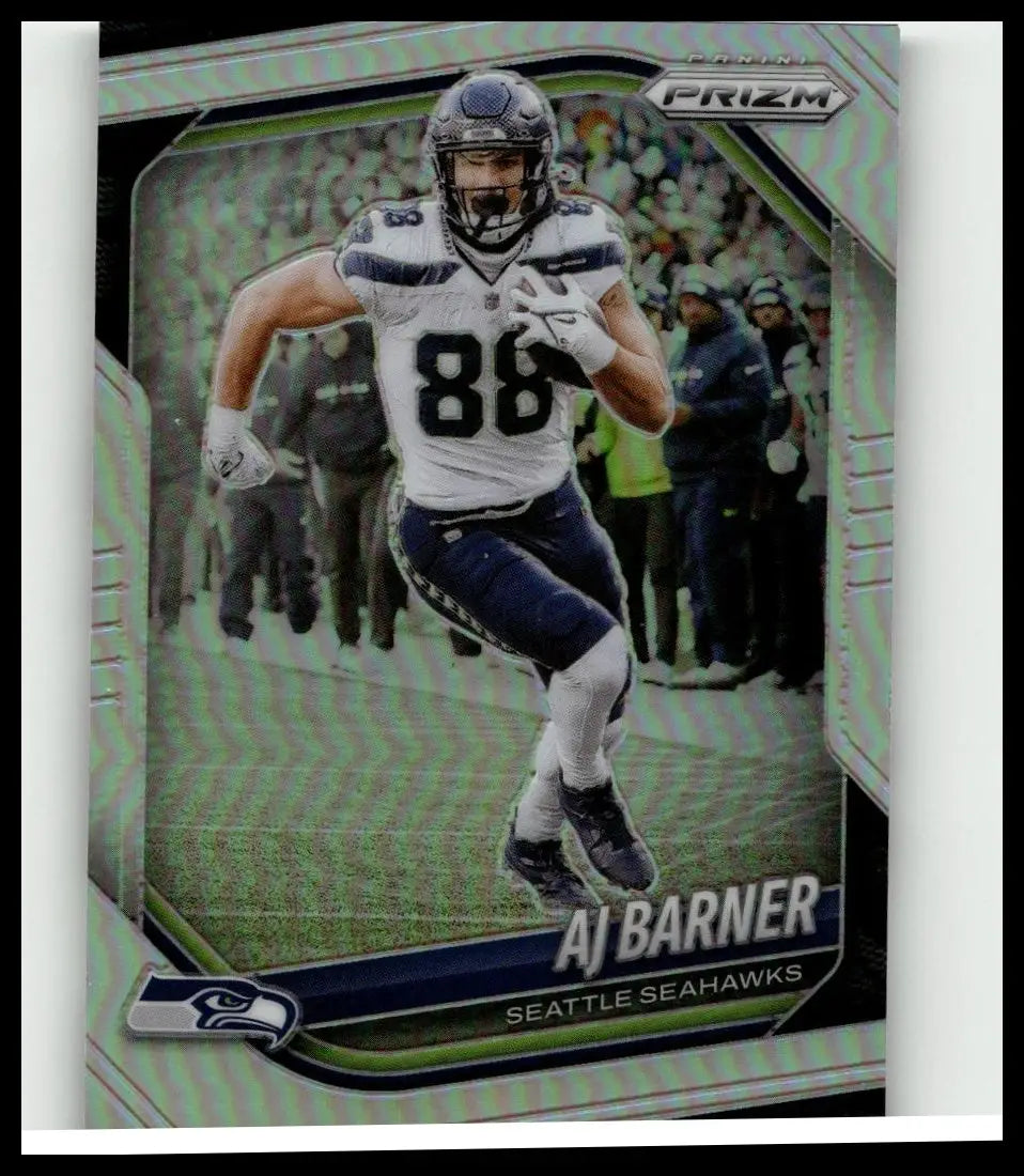 A seattle seahawks panini prizm barner silver football card featuring aj barner in white jersey number 88