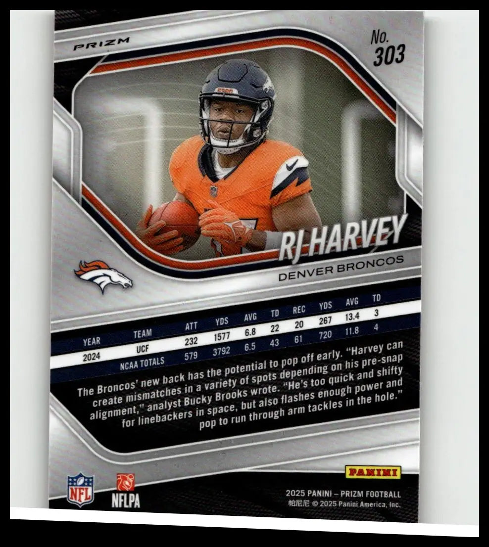 This 2025 panini prizm football trading card features denver broncos r.j. harvey orange ice design #303