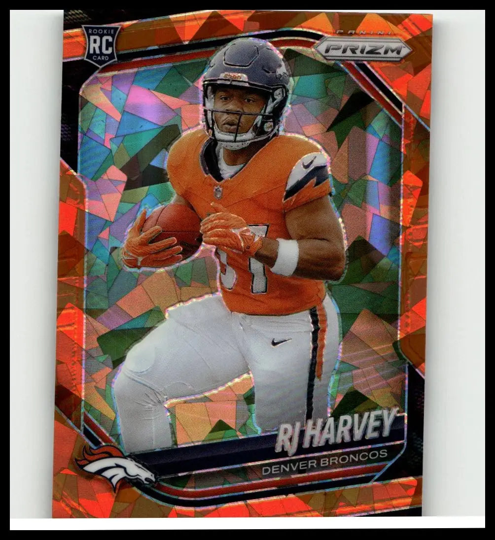 2025 panini prizm harvey orange ice rookie rc football card featuring denver broncos player rj harvey in prizm design