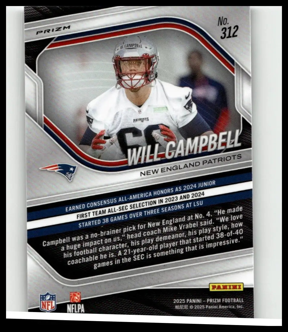 Silver and red framed 2025 panini prizm #312 will campbell prizm rookie autograph football trading card in patriots uniform
