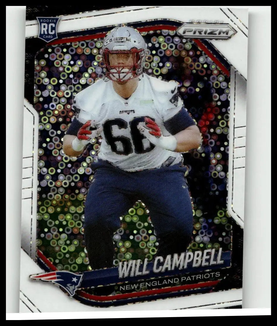 White and navy blue panini prizm 2025 prizm rookie autographs football card featuring will campbell in jersey 68