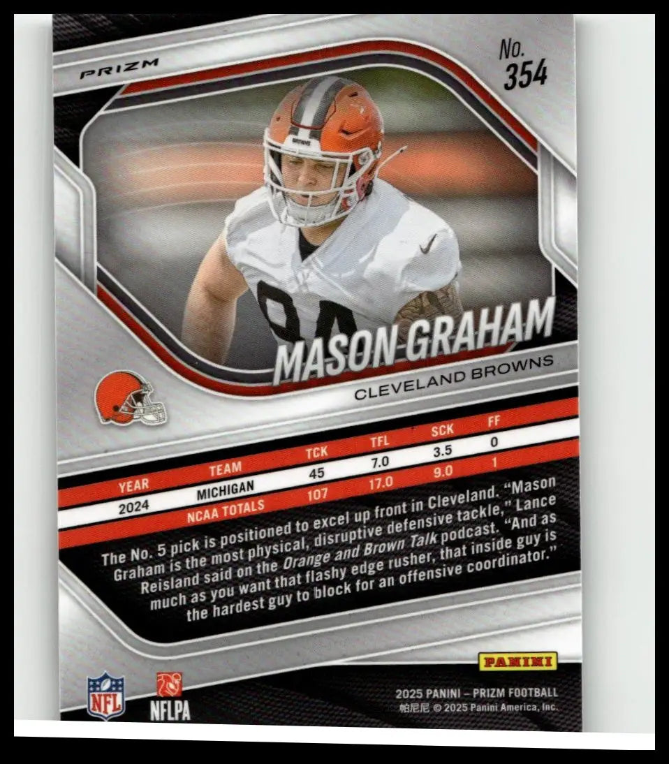 Silver and orange prizm football trading card featuring mason graham prizm rookie autograph from 2025 panini prizm