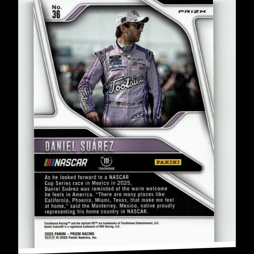 Purple and white racing suit with sponsor logos worn by daniel suarez in 2025 panini prizm silver card