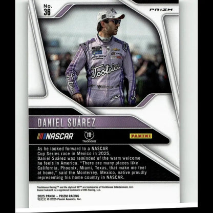 Purple and white racing suit with sponsor logos worn by daniel suarez in 2025 panini prizm silver card