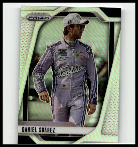 2025 panini prizm #36 daniel suarez silver trading card featuring daniel suarez in purple and silver footsteps racing suit