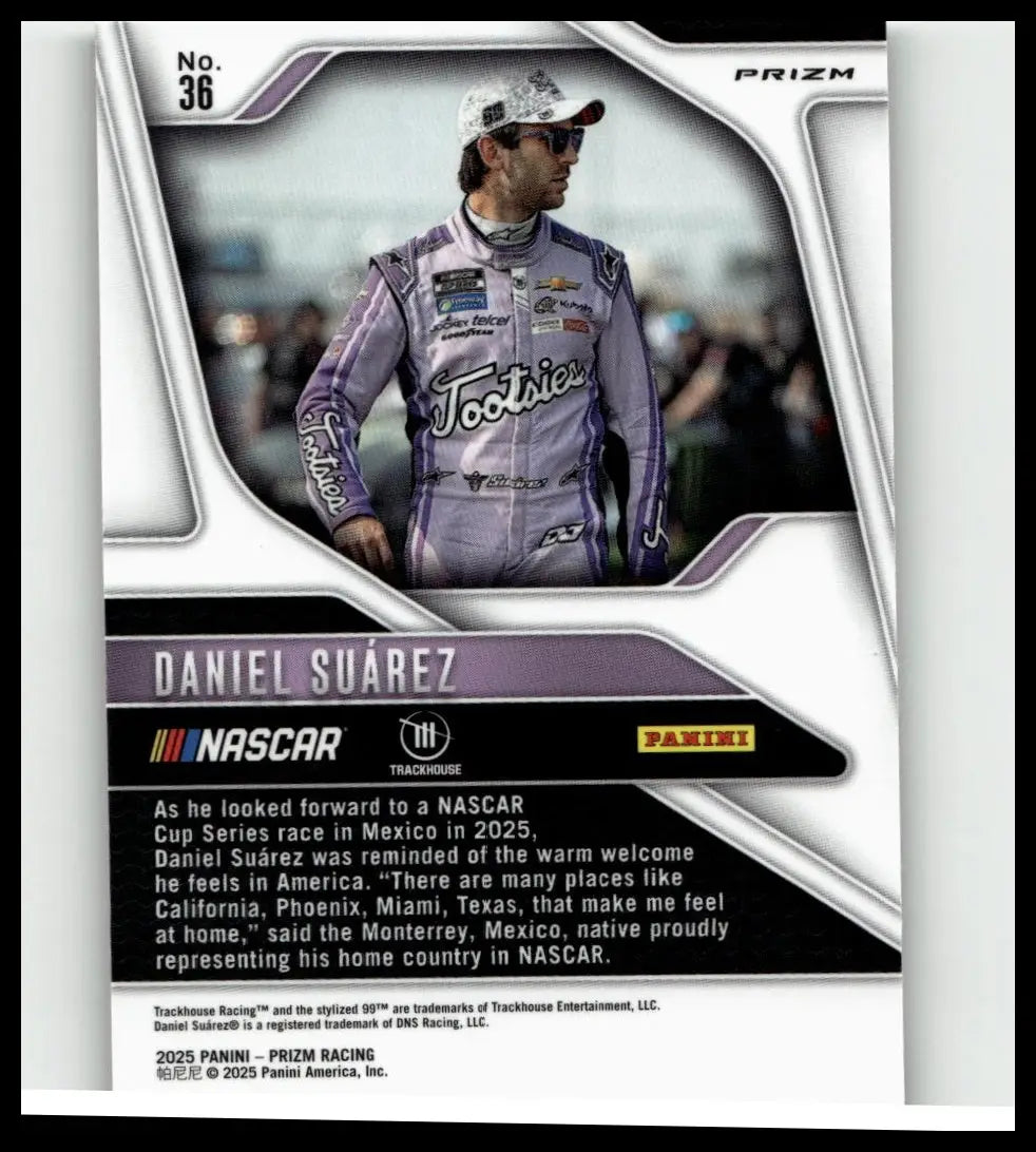Purple and white racing suit with sponsor logos worn by daniel suarez in 2025 panini prizm daniel suarez silver card