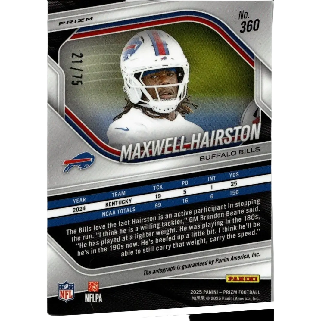 Silver and blue panini prizm football card featuring maxwell hairston in buffalo bills helmet green scope variant