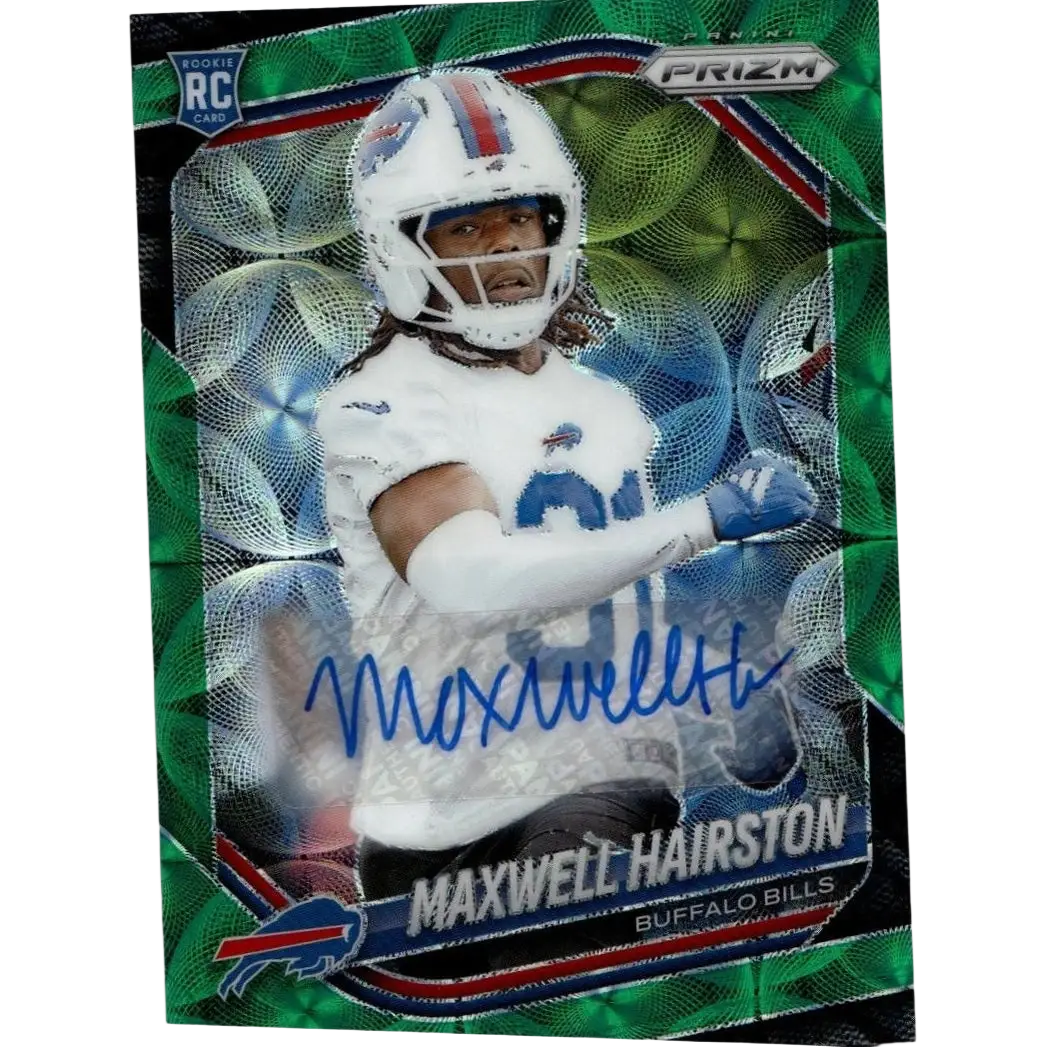 Green and silver panini prizm rookie rc card of maxwell hairston in bills uniform signed green scope 2025 #360 numbered 75