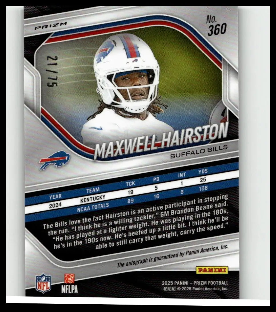 White buffalo bills football helmet with blue and red stripes featuring nike logo in maxwell hairston prizm rookie card