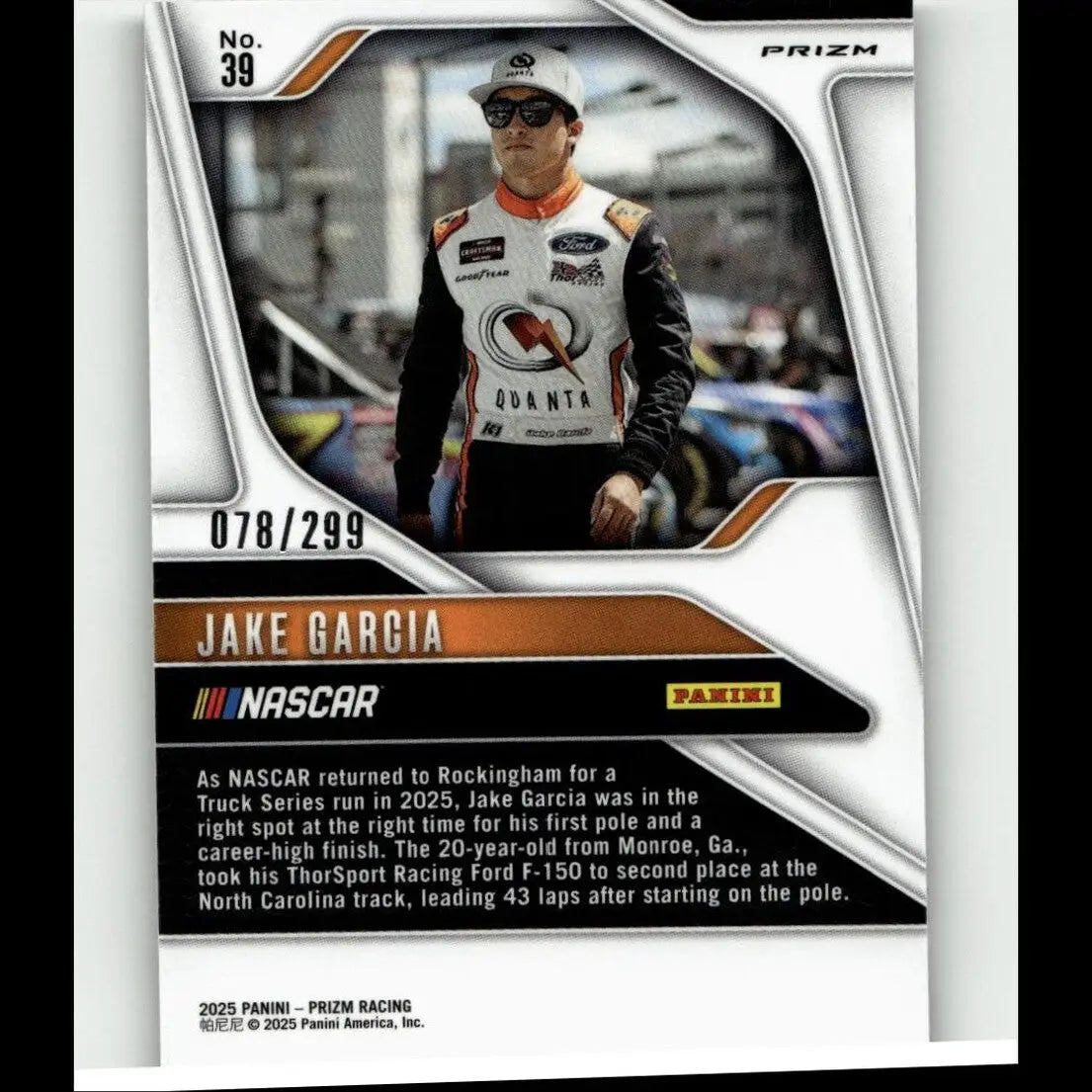 Silver and orange panini prizm 2025 jake garcia pulsar trading card number 39 in white black and orange racing suit