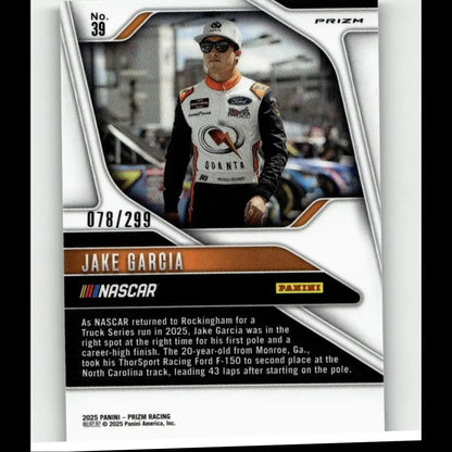 Silver and orange panini prizm 2025 jake garcia pulsar trading card number 39 in white black and orange racing suit
