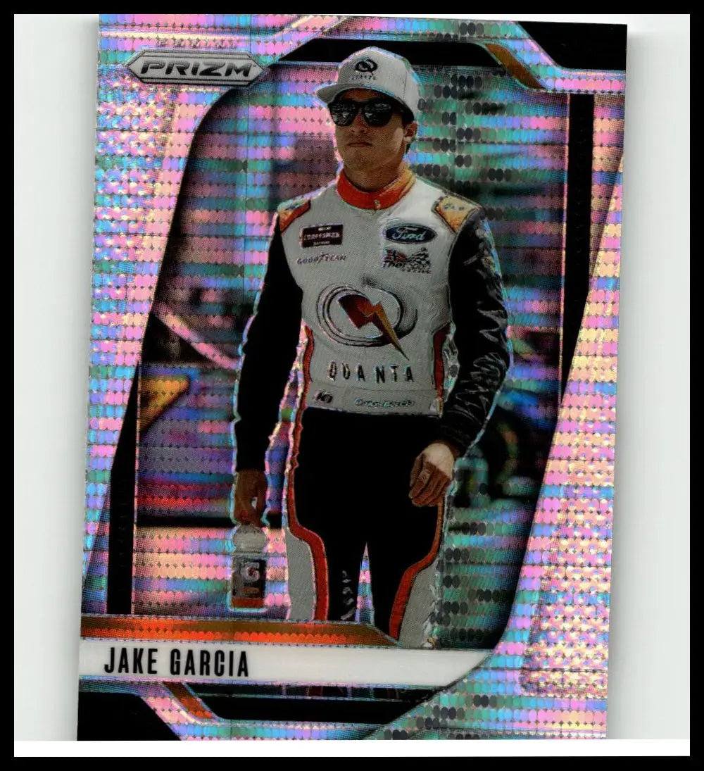 A shimmering holographic 2025 Panini Prizm #39 Jake Garcia Pulsar trading card featuring Jake Garcia in a white black suit