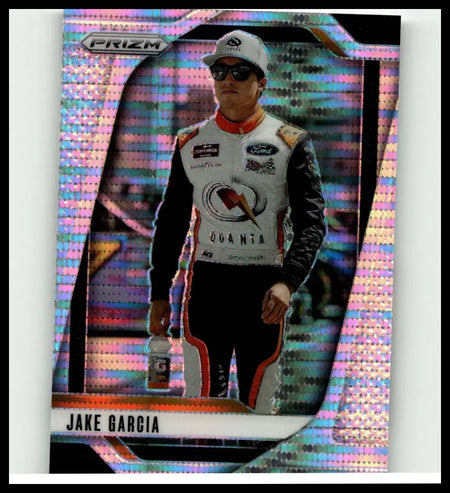 A shimmering holographic 2025 Panini Prizm #39 Jake Garcia Pulsar trading card featuring Jake Garcia in a white black suit