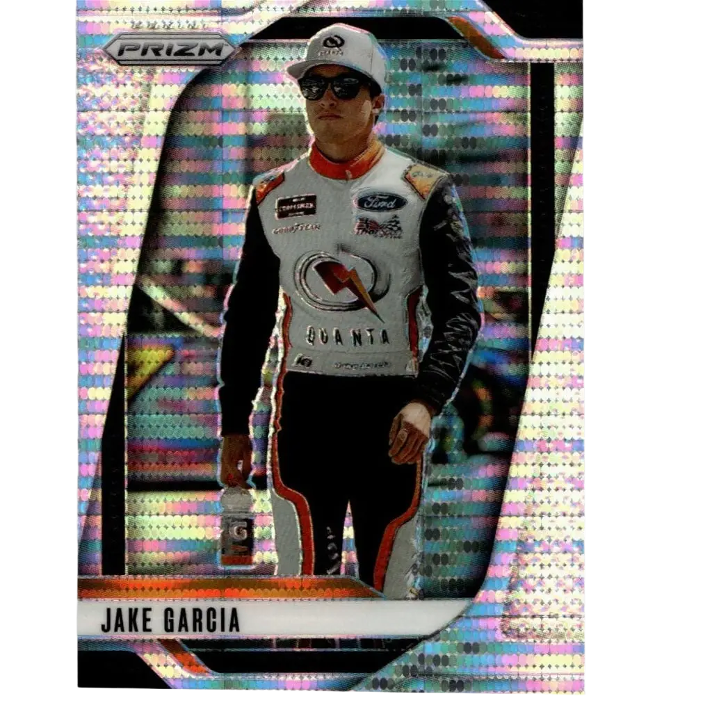 A 2025 panini prizm #39 jake garcia pulsar trading card featuring jake garcia in a white black and red racing suit