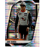 A 2025 panini prizm #39 jake garcia pulsar trading card featuring jake garcia in a white black and red racing suit