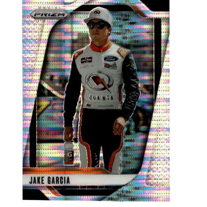 A 2025 panini prizm #39 jake garcia pulsar trading card featuring jake garcia in a white black and red racing suit