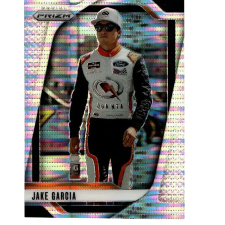 A 2025 panini prizm #39 jake garcia pulsar trading card featuring jake garcia in a white black and red racing suit