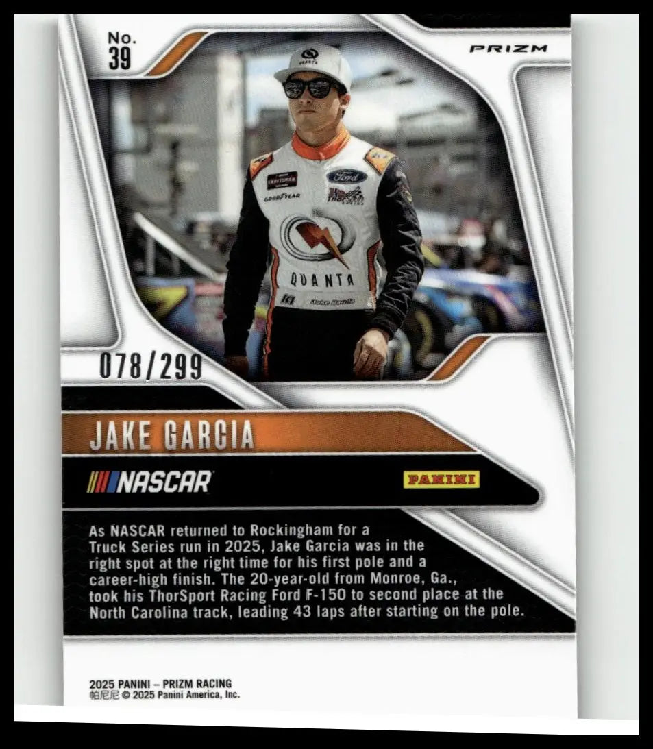 White and orange panini prizm 2025 nascar trading card featuring jake garcia in racing suit jake garcia pulsar