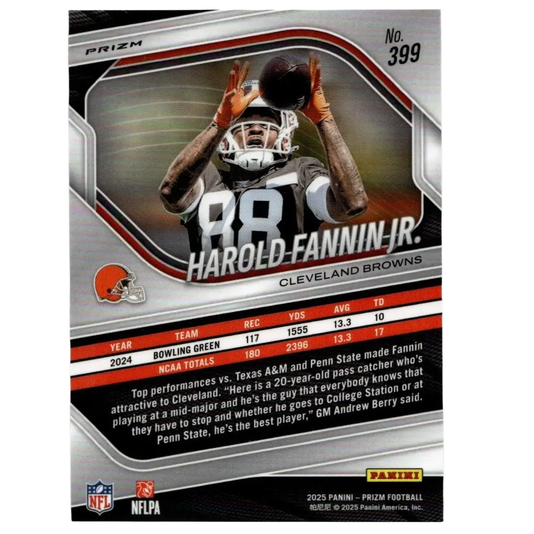 Silver and red panini prizm 2025 #399 harold fannin jr football trading card featuring action & toy figures design
