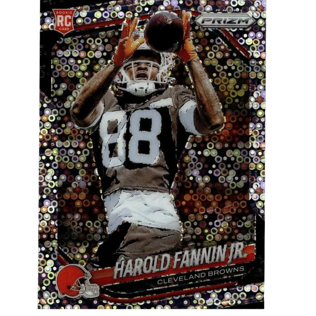A shimmering holographic panini prizm football trading card of harold fannin jr featuring no huddle action figure design