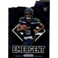Dark blue and green seattle seahawks rookie card featuring jalen milroe emergent from 2025 panini prizm series