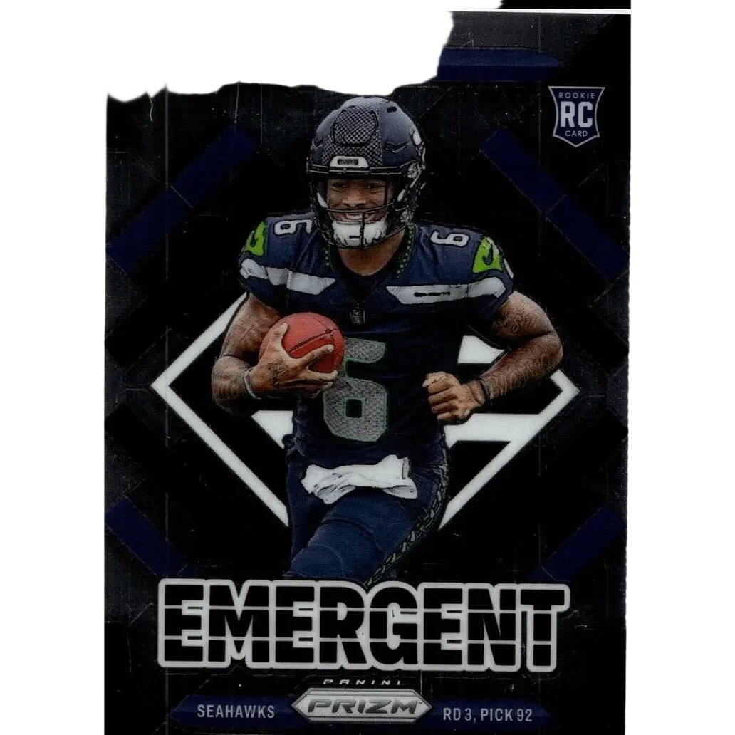 Dark blue and green seattle seahawks rookie card featuring jalen milroe emergent from 2025 panini prizm series