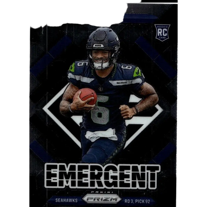 Dark blue and green seattle seahawks rookie card featuring jalen milroe emergent from 2025 panini prizm series