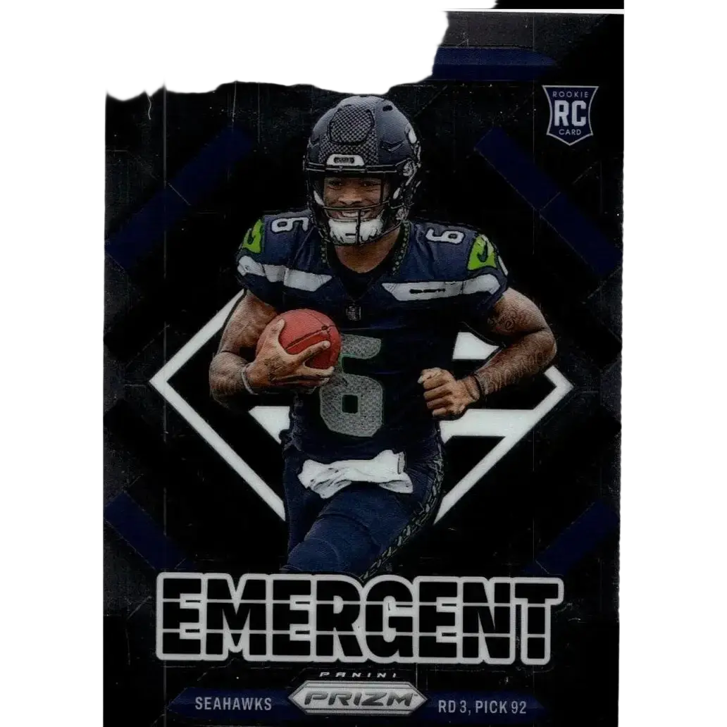 Dark blue and green 2025 panini prizm jalen milroe emergent rookie card featuring number 6 jersey