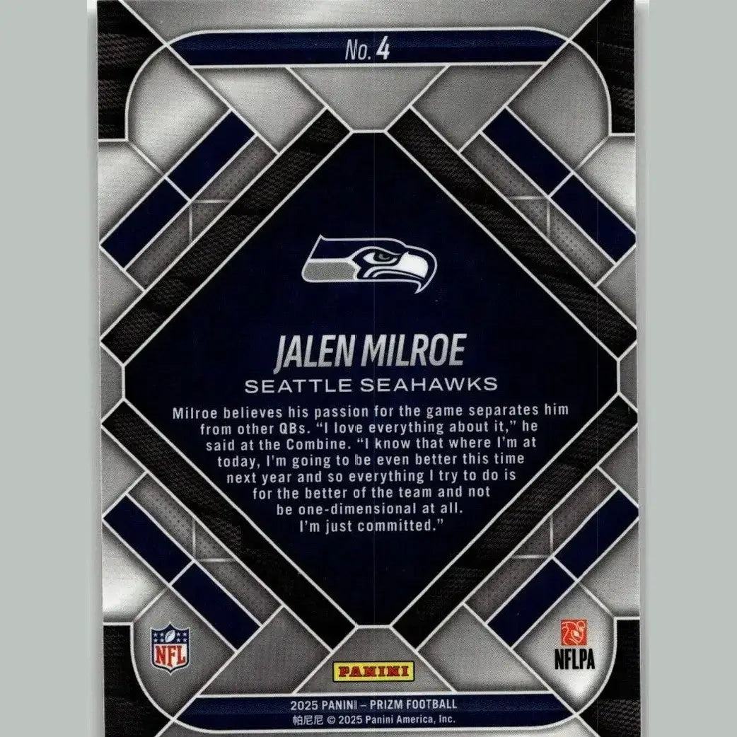 Dark navy and silver geometric 2025 panini prizm jalen milroe emergent trading card featuring seahawks logo and combine interview text