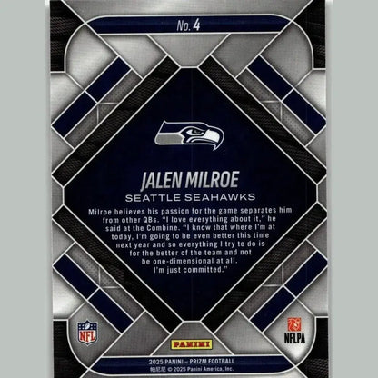 Dark navy and silver geometric 2025 panini prizm jalen milroe emergent trading card featuring seahawks logo and combine interview text