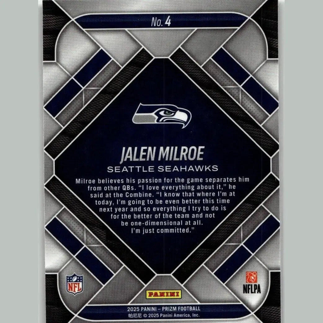 Dark navy and silver geometric pattern panini prizm trading card featuring seattle seahawks jalen milroe emergent text